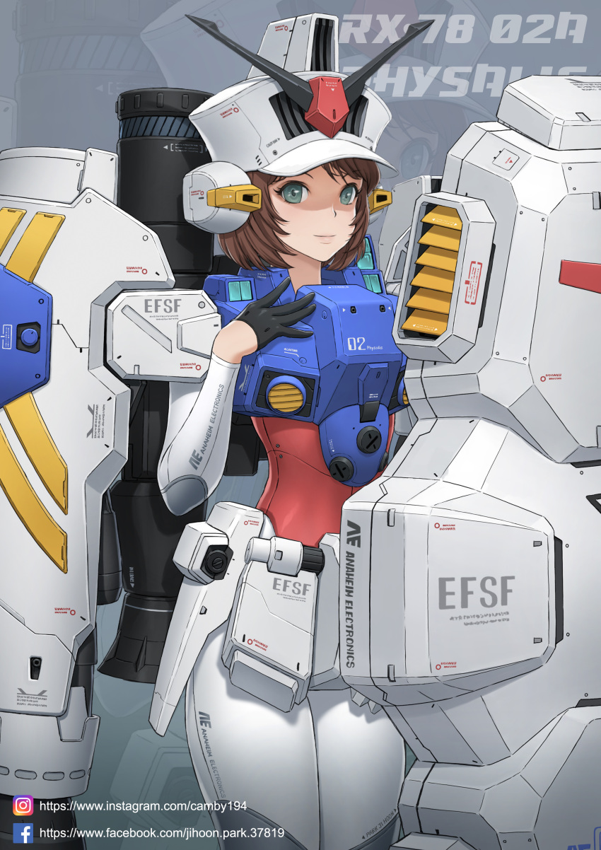 1girl absurdres armor bigunit black_gloves bodysuit brown_hair character_name commentary_request cowboy_shot gloves green_eyes grey_background gundam gundam_0083 gundam_gp-02_physalis hand_on_own_chest hand_up hat highres looking_at_viewer mecha mecha_musume shield short_hair skin_tight solo thrusters v-fin watermark web_address