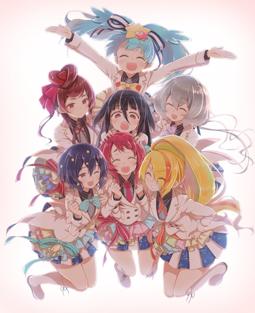 6+girls :d ;d arms_up bangs black_hair black_shirt blazer blonde_hair blue_hair blue_neckwear blue_ribbon blue_sky blush boots bow bowtie brown_eyes brown_hair chihaya_72 clenched_hands closed_eyes coattails commentary double-breasted dress_shirt eyebrows_visible_through_hair eyes_visible_through_hair facing_another flower green_hair grin hair_flower hair_ornament hair_ribbon hand_on_hip heart_hair highres hoshikawa_lily idol jacket jumping knee_boots konno_junko long_hair looking_at_another medium_hair minamoto_sakura miniskirt mizuno_ai multicolored_hair multiple_girls neck_ribbon necktie nikaidou_saki one_eye_closed open_mouth orange_hair outstretched_arms pleated_skirt purple_neckwear red_eyes red_neckwear red_ribbon redhead ribbon shirt short_hair silver_hair simple_background skirt sky smile spread_arms star star_hair_ornament streaked_hair striped striped_shirt white_background white_footwear white_jacket wing_collar yamada_tae yellow_neckwear yuugiri_(zombie_land_saga) zombie_land_saga