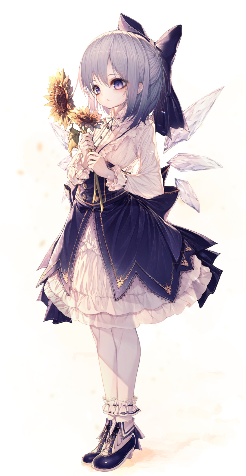 1girl absurdres bangs blue_bow blue_eyes blue_footwear blue_hair bow cirno commentary_request dress flower frills full_body hair_between_eyes hair_bow highres hito_komoru holding holding_flower ice ice_wings layered_dress long_sleeves shoes short_hair sidelocks socks solo standing sunflower touhou waist_cape white_background white_dress white_legwear wings