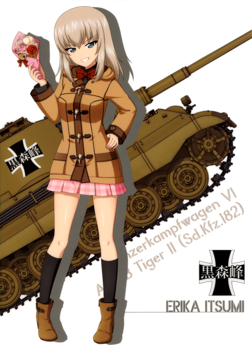 1girl absurdres black_legwear boko_(girls_und_panzer) boots bouquet bow bowtie brown_coat brown_footwear character_name coat contrapposto eyebrows_visible_through_hair flower full_body girls_und_panzer grey_eyes grin ground_vehicle hair_between_eyes highres holding holding_bouquet hood hood_down hooded_coat itsumi_erika kneehighs long_hair looking_at_viewer military military_vehicle miniskirt motor_vehicle open_clothes open_coat pink_flower pink_skirt plaid plaid_neckwear plaid_skirt pleated_skirt red_bow red_neckwear shiny shiny_skin silver_hair skirt smile solo standing tank tiger_ii white_background white_flower