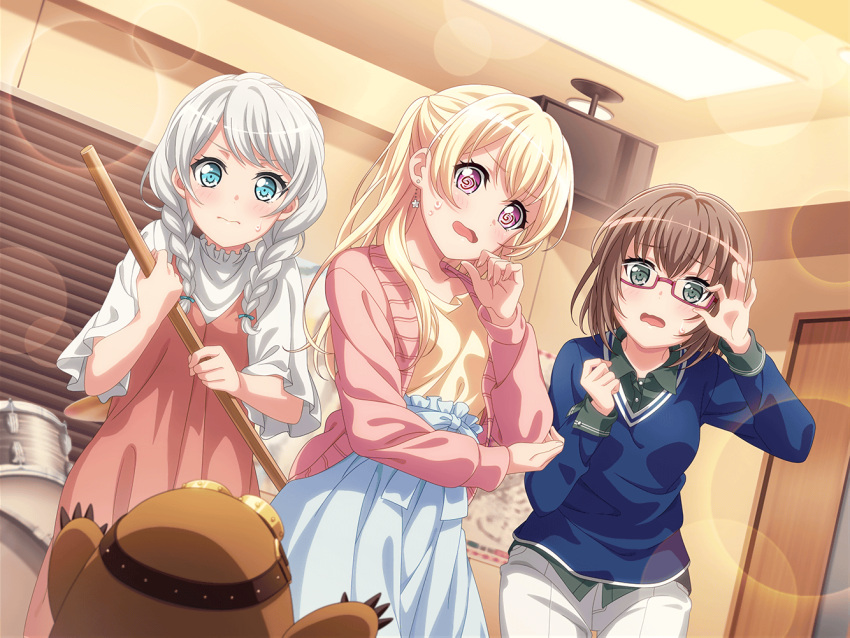 bang_dream! blonde_hair blush group long_hair pink_eyes shirasagi_chisato shirt