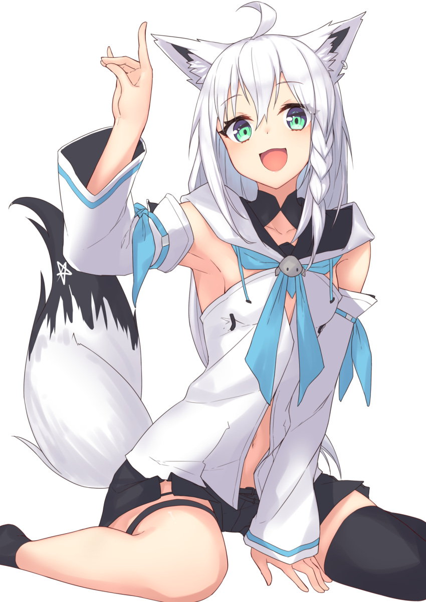 1girl :d ahoge animal_ear_fluff animal_ears black_legwear black_shorts braid collarbone commentary_request detached_sleeves eliot_c_f eyebrows_visible_through_hair fox_ears fox_tail green_eyes hair_between_eyes highres hololive looking_at_viewer navel open_mouth shirakami_fubuki short_shorts shorts simple_background single_braid single_thighhigh sitting smile solo tail thigh-highs white_background white_hair