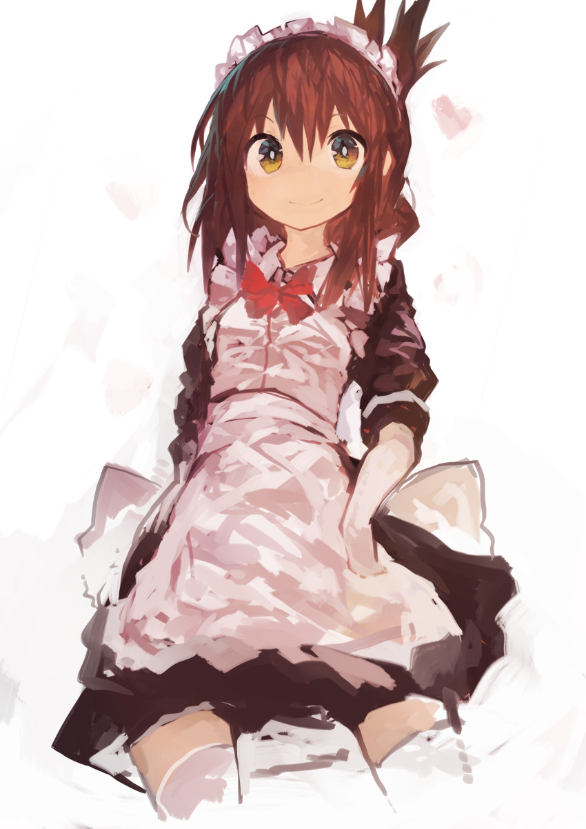 1girl absurdres alternate_costume apron bangs black_dress bow brown_eyes brown_hair commentary_request cowboy_shot dress elbow_gloves enmaided folded_ponytail frills gloves hair_between_eyes heart highres inazuma_(kantai_collection) kaamin_(mariarose753) kantai_collection looking_at_viewer maid maid_apron maid_headdress smile solo thigh-highs white_background zettai_ryouiki