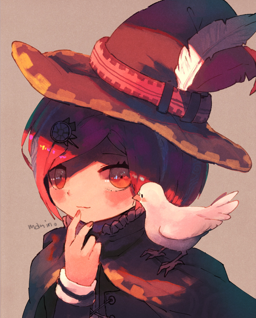 1girl absurdres animal animal_on_shoulder bangs bird blush bob_cut cloak closed_mouth commentary_request dangan_ronpa dove finger_to_mouth food fruit hair_ornament hat hat_feather highres huge_filesize long_sleeves looking_at_viewer manino_(mofuritaionaka) new_dangan_ronpa_v3 orange portrait red_headwear redhead short_hair signature solo swept_bangs witch_hat yumeno_himiko