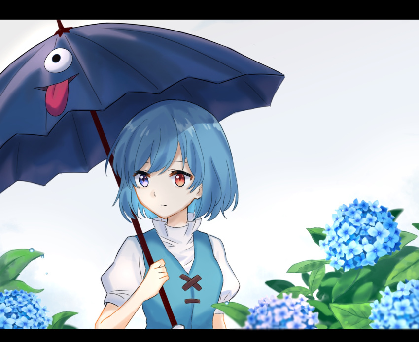 1girl arm_at_side arm_up blue_eyes blue_hair blue_vest blurry breasts clouds cloudy_sky commentary_request depth_of_field expressionless flower heterochromia high_collar highres holding holding_umbrella hydrangea karakasa_obake leaf letterboxed looking_to_the_side outdoors puffy_short_sleeves puffy_sleeves raki_(for03ge) red_eyes shirt short_hair short_sleeves sky small_breasts solo standing tatara_kogasa touhou umbrella upper_body vest water_drop white_shirt