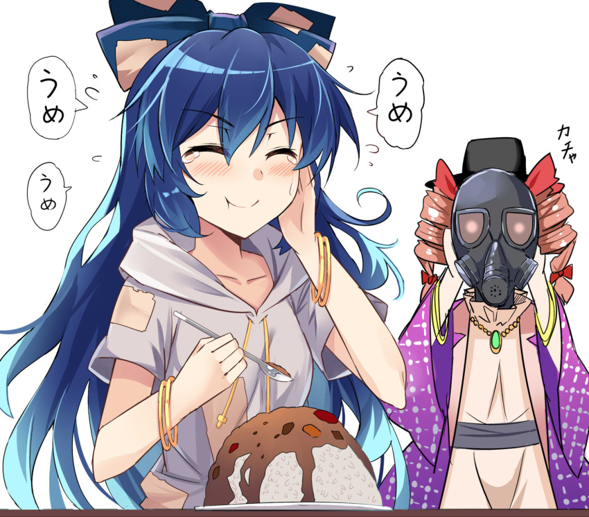 2girls :t ^_^ bangle bangs belt black_belt black_headwear blue_bow blue_hair blush bow bracelet breasts closed_eyes coat commentary_request curry debt drawstring dress drill_hair e.o. eyebrows_visible_through_hair facing_viewer food gas_mask grey_hoodie hair_bow hand_on_own_cheek hand_up hands_up hat highres holding holding_spoon hood hoodie jewelry long_hair medium_breasts multiple_girls open_clothes open_coat pendant purple_coat red_bow rice short_sleeves siblings simple_background sisters speech_bubble spoon sweat top_hat touhou translated twin_drills twintails upper_body v-shaped_eyebrows very_long_hair white_background white_dress yorigami_jo'on yorigami_shion