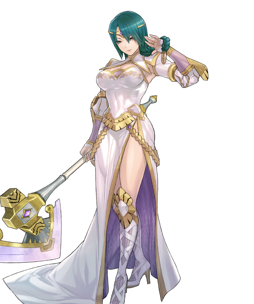 1girl armpits artist_request axe bangs battle_axe boots braid bridal_gauntlets circlet closed_mouth dress fire_emblem fire_emblem_heroes full_body green_eyes hand_up high_heel_boots high_heels highres holding holding_weapon jewelry lips long_sleeves looking_at_viewer shiny shiny_hair side_slit single_braid smile solo striped thorr_(fire_emblem) tied_hair transparent_background vertical_stripes weapon white_dress white_footwear yellow_eyes