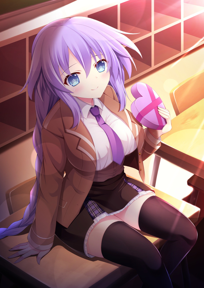 1girl absurdres alternate_costume black_legwear blue_eyes blush box braid breasts desk hair_ornament heart-shaped_box highres kludea large_breasts long_hair looking_at_viewer neptune_(series) on_desk purple_hair purple_heart school_uniform sitting sitting_on_desk skirt smile solo symbol-shaped_pupils thigh-highs twin_braids