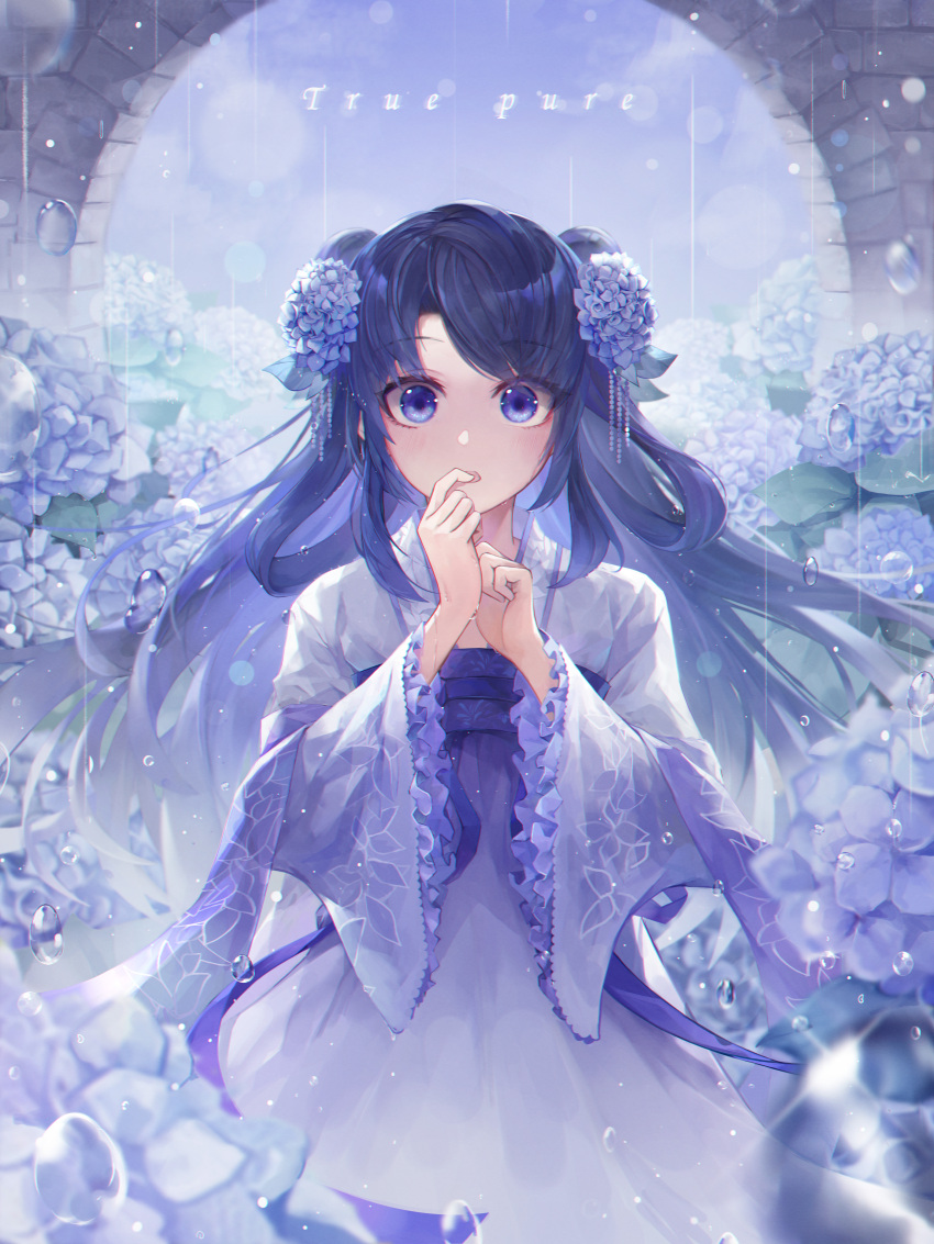 1girl absurdres arch black_hair blue_eyes chinese_clothes crystalherb day finger_to_mouth flower hair_flower hair_ornament hair_rings hands_together hands_up hanfu highres hydrangea looking_at_viewer original outdoors overcast rain standing wet wide_sleeves