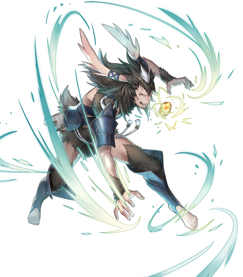 1boy animal_ears armor aura barefoot beard belt brown_hair bunny_tail chambray facial_hair facial_mark fire_emblem fire_emblem:_kakusei fire_emblem_heroes full_body fur_trim gem highres male_focus multicolored_hair official_art open_mouth p-nekor rabbit_ears red_eyes solo tail teeth transparent_background two-tone_hair white_hair