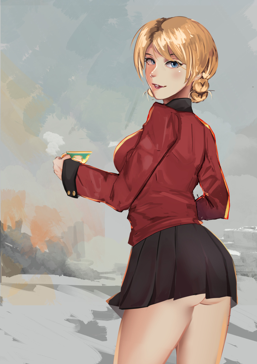 1girl absurdres ass black_skirt blue_eyes blush braid cup darjeeling french_braid girls_und_panzer highres kowaremashita lipstick looking_at_viewer looking_back makeup painterly parted_lips red_lipstick skirt smile solo st._gloriana's_military_uniform teacup thighs
