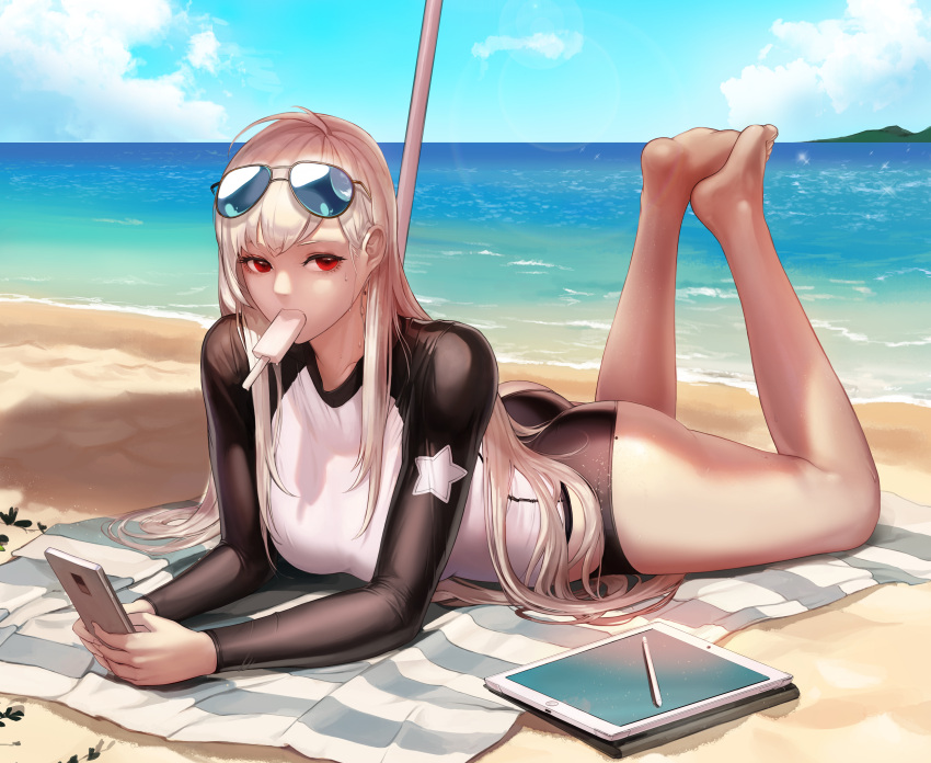 1girl absurdres ass barefoot beach blonde_hair cellphone day dungeon_and_fighter eyewear_on_head female_slayer_(dungeon_and_fighter) food food_in_mouth highres holding holding_phone legs_up lens_flare long_hair looking_at_viewer lying mole mole_on_ass monaim ocean on_stomach phone popsicle red_eyes solo sunglasses sweat swimsuit the_pose wetsuit