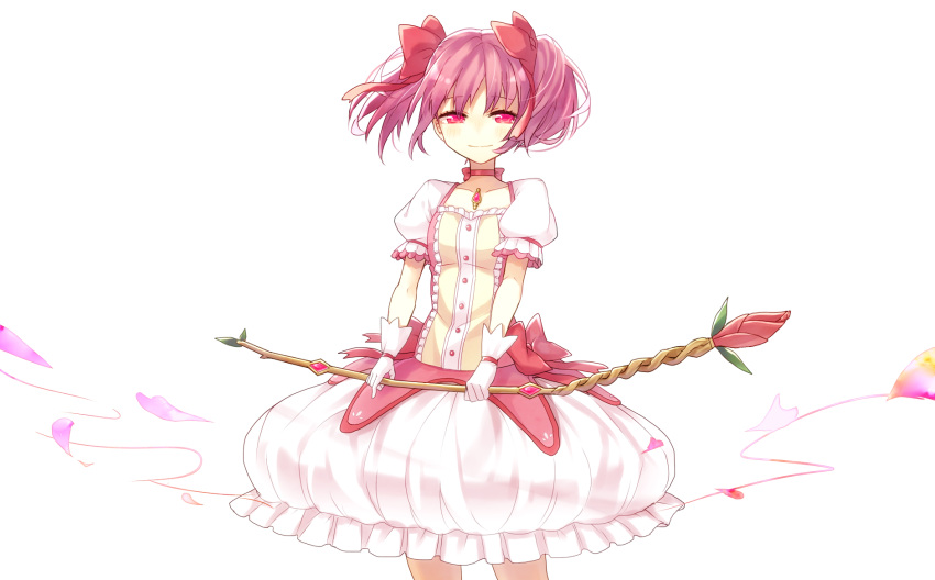 1girl arms_at_sides blush bow_(weapon) breasts bubble_skirt buttons choker collarbone cowboy_shot dot_nose eyebrows_visible_through_hair floating floating_hair flower frilled_skirt frilled_sleeves frills gloves hair_ribbon half-closed_eyes happy highres holding holding_bow_(weapon) holding_weapon junjam kaname_madoka leaf legs_apart looking_at_viewer mahou_shoujo_madoka_magica petals pink_choker pink_eyes pink_flower pink_hair pink_neckwear pink_ribbon pink_rose pink_theme puffy_short_sleeves puffy_sleeves ribbon rose short_sleeves short_twintails simple_background skirt small_breasts smile solo soul_gem standing thighs twintails weapon white_background white_gloves white_skirt