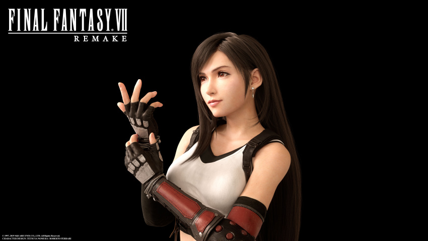 1girl 3d absurdres arm_guards black_background black_hair cg closed_mouth copyright_name crop_top earrings elbow_gloves elbow_pads female final_fantasy final_fantasy_vii final_fantasy_vii_remake fingerless_gloves gloves highres jewelry lips logo long_hair looking_away looking_to_the_side official_art simple_background sleeveless sleeveless_shirt smile square_enix suspenders tank_top tifa_lockhart upper_body