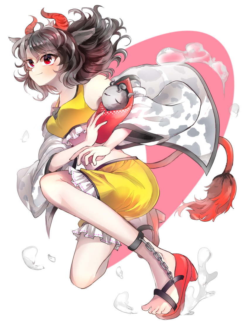 1girl animal_ears ankle_strap bare_shoulders black_hair blush bra breasts chain commentary_request cow_ears cow_horns cow_tail cuffs frilled_shorts frills hair_blowing highres horns looking_to_the_side medium_breasts medium_hair mirei_(miirei) multicolored_hair one_knee red_background red_eyes sandals shorts smirk smoke solo sports_bra statue streaked_hair tail touhou two-tone_background underwear ushizaki_urumi white_background yellow_bra yellow_shorts
