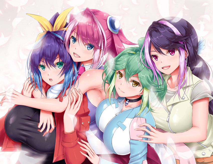 4girls blue_eyes bracelet_girls breasts green_eyes green_hair highres hiiragi_yuzu hug hug_from_behind huge_breasts karucho kurosaki_ruri long_hair multiple_girls pink_hair ponytail purple_hair quadruplets rin_(yuu-gi-ou_arc-v) serena_(yuu-gi-ou_arc-v) siblings sisters violet_eyes yellow_eyes yuri yuu-gi-ou yuu-gi-ou_arc-v