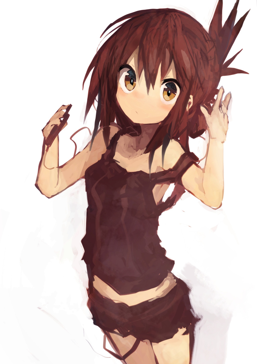 1girl absurdres alternate_costume bangs black_shorts brown_eyes brown_hair cable casual cellphone cowboy_shot earphones earphones folded_ponytail hair_between_eyes highres holding inazuma_(kantai_collection) kaamin_(mariarose753) kantai_collection looking_at_viewer phone shorts smartphone solo standing tank_top white_background