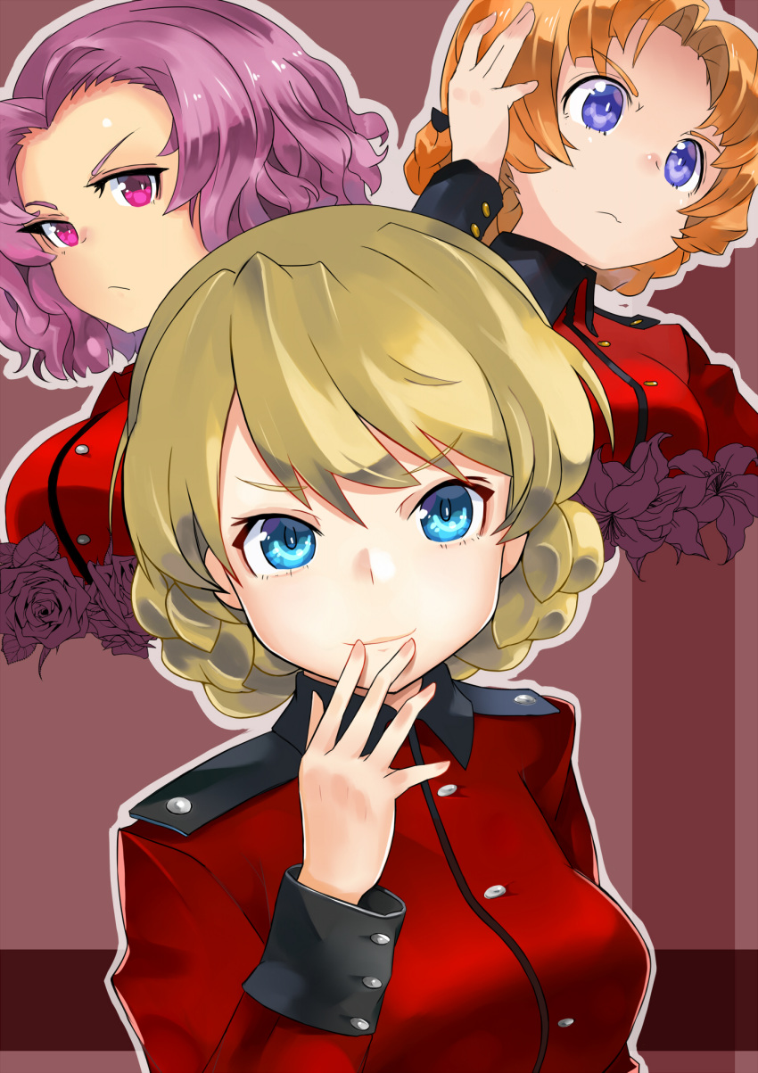 3girls alternate_eye_color bangs black_bow blonde_hair blue_eyes bow braid closed_mouth commentary cropped_torso darjeeling epaulettes eyebrows_visible_through_hair flower frown girls_und_panzer hair_bow hand_on_own_head hand_to_own_mouth highres jacket lily_(flower) long_sleeves looking_at_viewer military military_uniform monomono multiple_girls orange_hair orange_pekoe parted_bangs purple_hair red_jacket rose rosehip short_hair smile st._gloriana's_military_uniform tied_hair twin_braids uniform violet_eyes