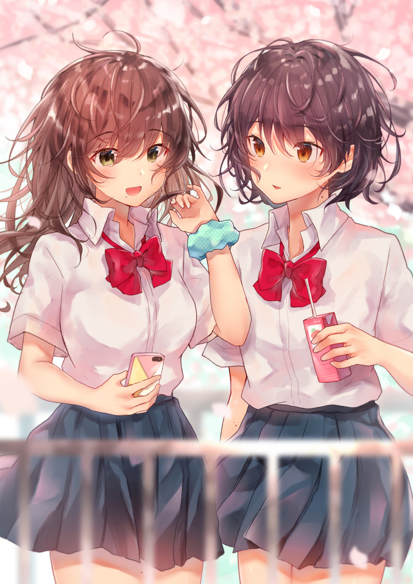 2girls :d absurdres bangs black_skirt blurry blurry_background blurry_foreground blush bow brown_eyes brown_hair cellphone cherry_blossoms collared_shirt commentary_request depth_of_field dress_shirt drinking_straw eyebrows_visible_through_hair flower green_scrunchie gyozanuko hair_between_eyes highres holding holding_cellphone holding_phone long_hair messy mole mole_on_neck mole_under_mouth multiple_girls open_mouth original parted_lips phone pink_flower pleated_skirt polka_dot polka_dot_scrunchie railing red_bow school_uniform scrunchie shirt short_sleeves skirt smile unmoving_pattern wrist_scrunchie
