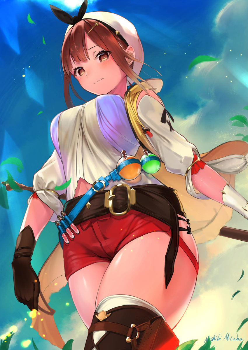 1girl absurdres atelier_(series) atelier_ryza bangs belt blush breasts brown_eyes brown_hair celeryma hair_ornament hairclip hat highres jewelry looking_at_viewer navel necklace potion red_shorts reisalin_stout short_shorts shorts smile solo thigh-highs thighs vial