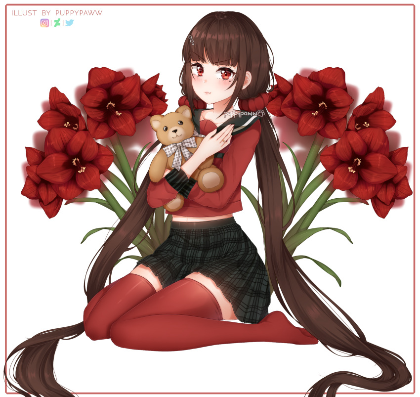 1girl artist_name bangs black_hair blunt_bangs blush commentary commission dangan_ronpa eyebrows_visible_through_hair flower hair_ornament hairclip harukawa_maki highres holding holding_stuffed_animal instagram_logo jewelry kneeling long_hair looking_at_viewer low_twintails mole mole_under_eye new_dangan_ronpa_v3 no_shoes object_hug plaid plaid_skirt pleated_skirt puppypaww red_eyes red_flower red_legwear red_scrunchie red_shirt ring school_uniform scrunchie serafuku shirt simple_background skirt solo stuffed_animal stuffed_toy teddy_bear thigh-highs twintails twitter_logo v-shaped_eyebrows very_long_hair white_background