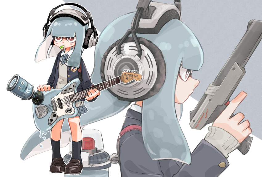 1girl bangs black_jacket black_legwear blazer blue_neckwear blunt_bangs brown_eyes brown_footwear commentary domino_mask dress_shirt english_text grey_hair grey_sweater guitar head_tilt highres holding holding_instrument holding_weapon ink_tank_(splatoon) inkling instrument jacket loafers long_hair mask matsuda_hikari medium_skirt mouth_hold multiple_views n-zap_(splatoon) necktie nintendo plaid plaid_neckwear plaid_skirt pleated_skirt plectrum pointy_ears school_uniform shirt shoes skirt socks solo splatoon_(series) splatoon_2 standing suction_bomb_(splatoon) sweater tentacle_hair v-neck weapon white_background white_shirt wing_collar