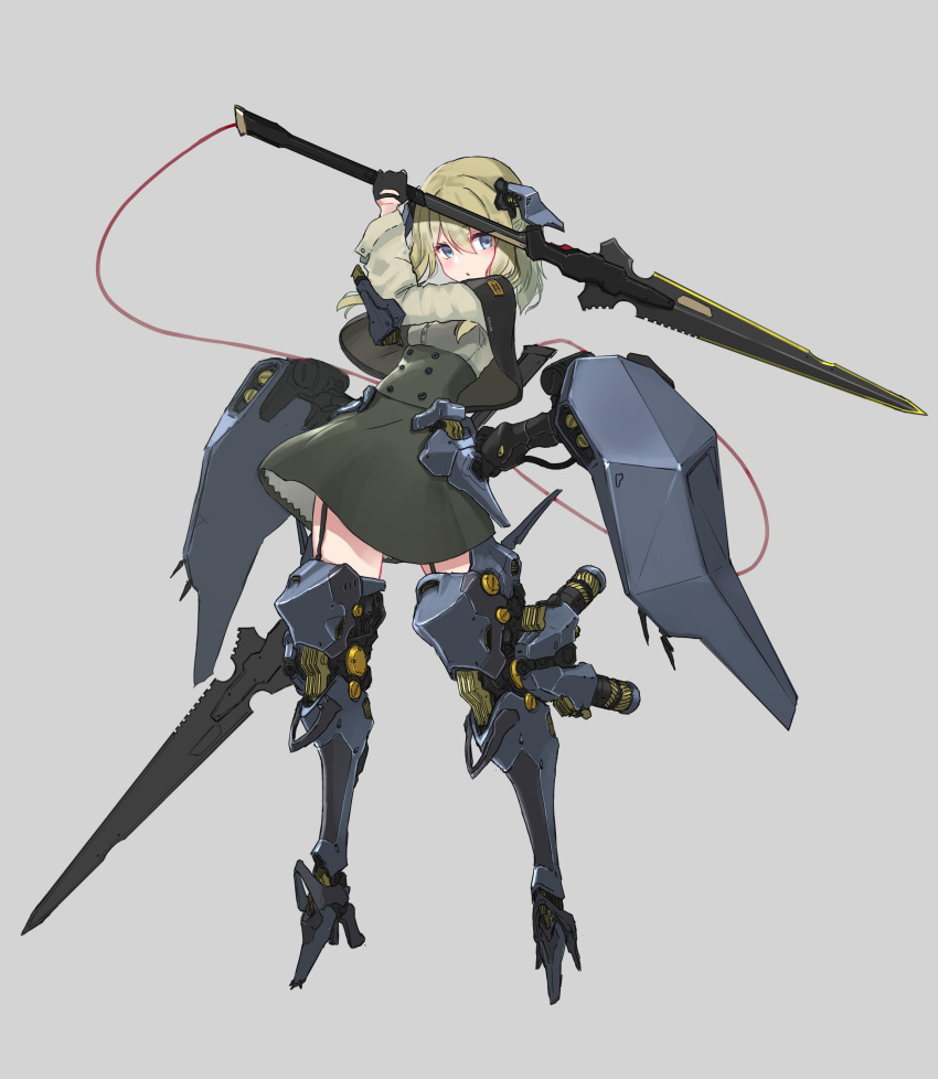 1girl absurdres blonde_hair blue_eyes commentary_request dual_wielding fighting_stance gloves high_heels highres holding long_sword mecha_musume mechanical_legs oota_youjo original shield solo
