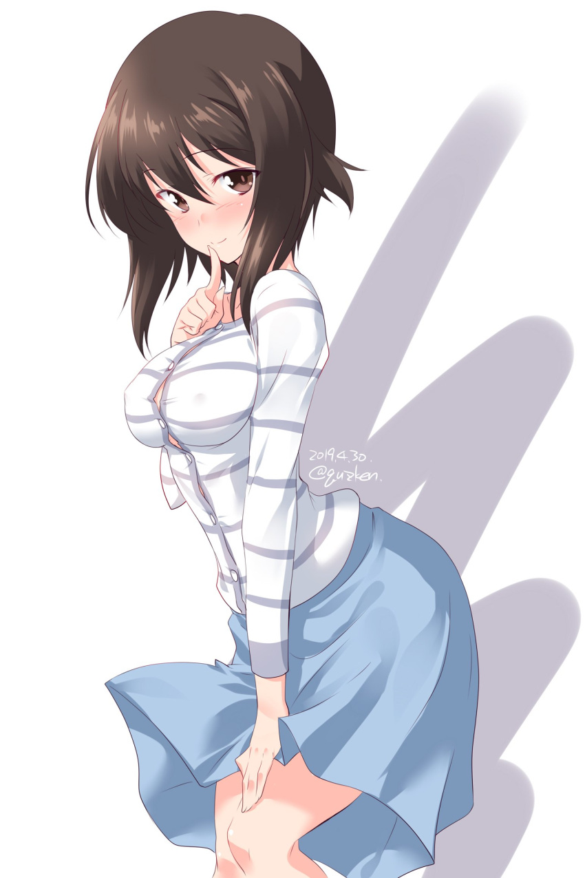 1girl bangs blue_skirt blush breasts brown_eyes brown_hair casual closed_mouth commentary_request dated eyebrows_visible_through_hair finger_to_mouth girls_und_panzer grey_shirt hand_on_own_leg head_tilt highres kuzuryuu_kennosuke leaning_forward long_shirt looking_at_viewer medium_breasts medium_skirt nishizumi_maho shirt short_hair shushing simple_background skirt smile solo standing striped striped_shirt twitter_username white_background