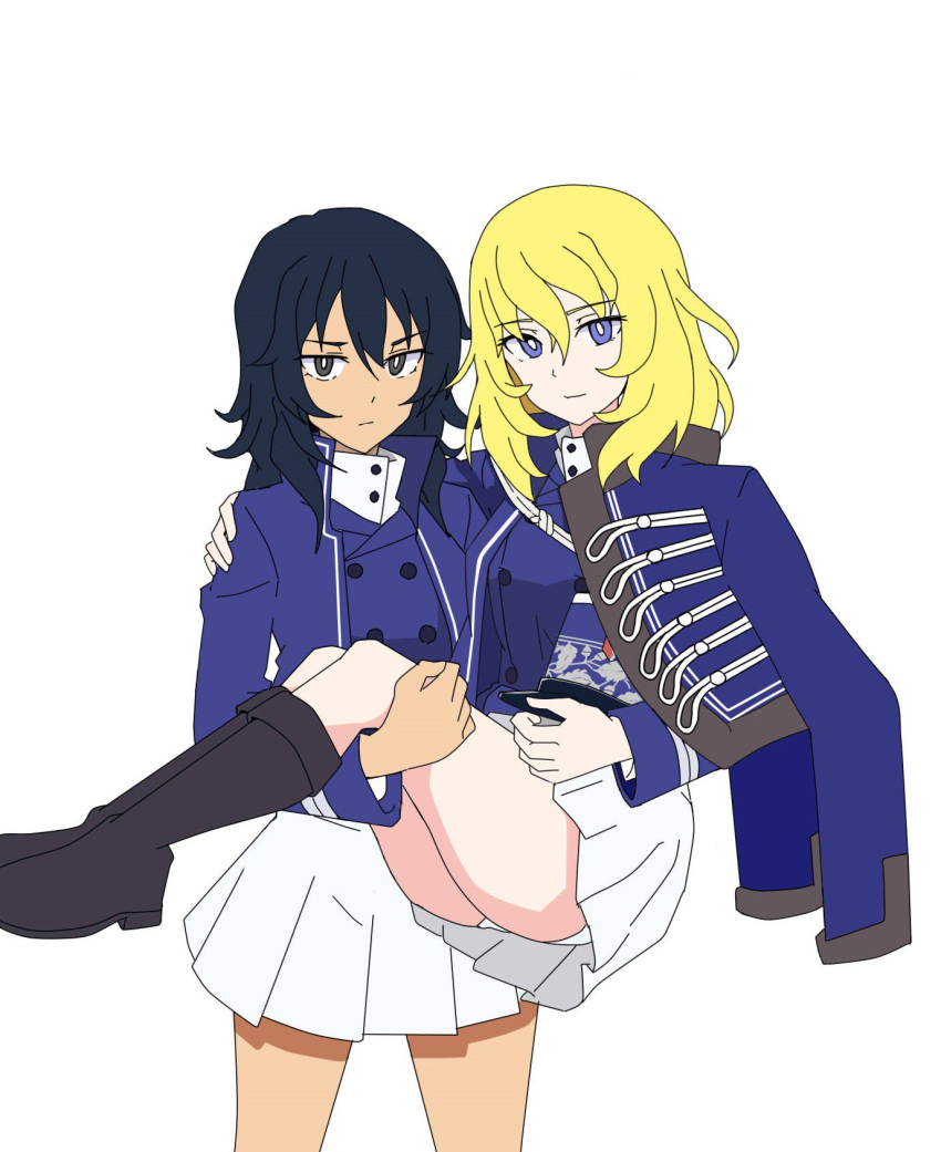 2girls andou_(girls_und_panzer) ass bc_freedom_military_uniform black_hair black_legwear blonde_hair blue_eyes bright_pupils brown_eyes carrying dark_skin girls_und_panzer hand_on_another's_shoulder hat hat_removed headwear_removed high_collar highres jacket jacket_on_shoulders light_frown long_sleeves looking_at_viewer medium_hair messy_hair multiple_girls oshida_(girls_und_panzer) perfect_han pleated_skirt princess_carry shako_cap skirt smile upskirt vest white_background white_pupils white_skirt