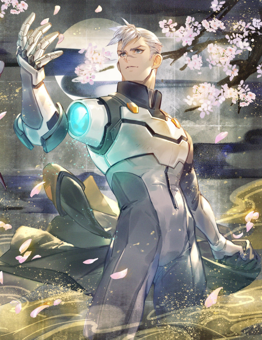 1boy bomssp cherry_blossoms detached_arm full_moon highres holding holding_jacket jacket jacket_removed male_focus moon pilot_suit prosthesis prosthetic_arm scar silver_hair solo takashi_shirogane voltron:_legendary_defender white_hair