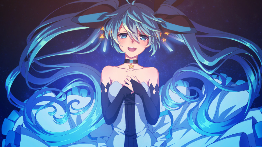 1girl :d black_sleeves blue_background blue_dress blue_eyes blue_hair bridal_gauntlets collar collarbone detached_sleeves dress floating_hair frilled_dress frills hair_between_eyes hair_ornament hands_together hatsune_miku highres long_dress long_hair long_sleeves looking_at_viewer matsuda_toki open_mouth sleeveless sleeveless_dress smile solo star star_hair_ornament strapless strapless_dress upper_body very_long_hair vocaloid