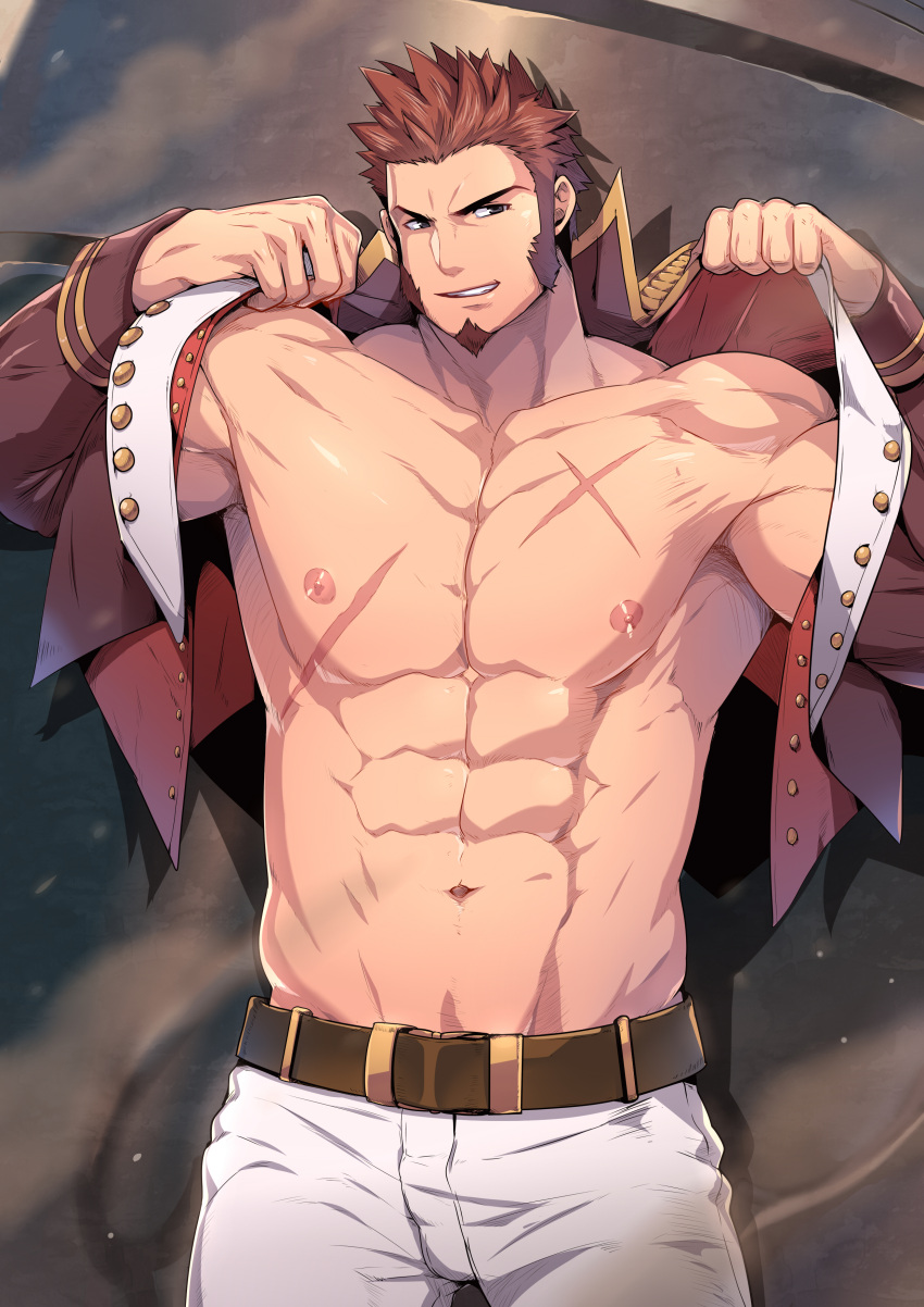 1boy abs absurdres bara beard blue_eyes brown_hair facial_hair fate/grand_order fate_(series) highres long_sleeves male_focus mazjojo military military_uniform muscle napoleon_bonaparte_(fate/grand_order) pants scar short_hair smile standing uniform