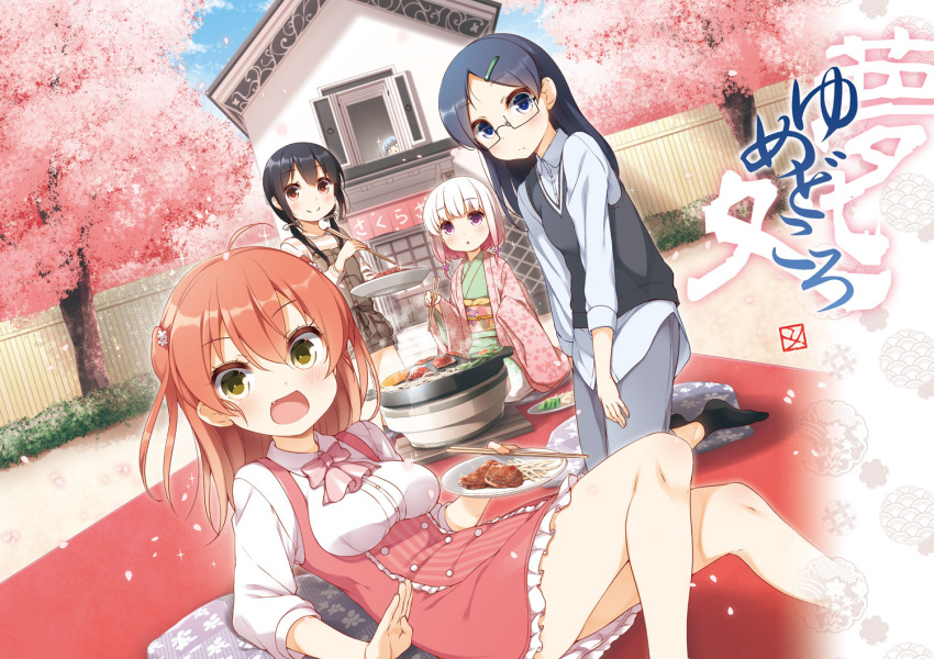 5girls ahoge black_hair blush breasts brown_eyes brown_hair cherry_blossoms chopsticks closed_mouth expressionless eyebrows_visible_through_hair food glasses grey_hair holding holding_chopsticks holding_plate house jingisukan_(food) kneeling long_sleeves looking_at_viewer low_twintails lying medium_breasts medium_hair multiple_girls on_back original parted_lips pink_hair plate seiza semi-rimless_eyewear short_hair short_twintails side_ponytail sitting smile translated twintails under-rim_eyewear violet_eyes white_hair window yume_no_owari