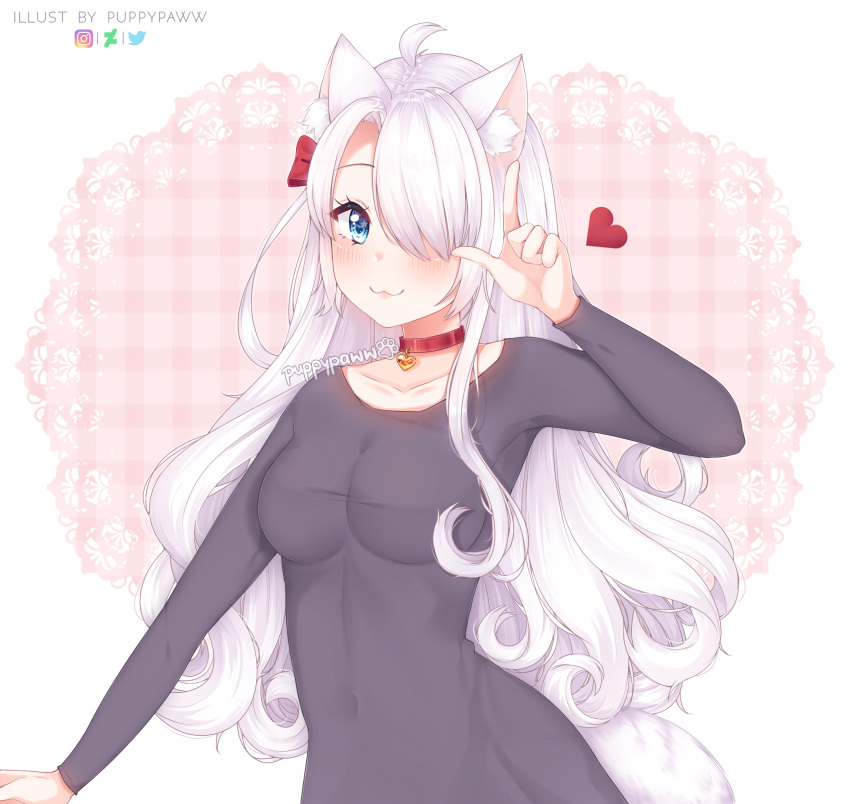 :3 ahoge animal_ear_fluff animal_ears artist_name black_dress blue_eyes blush bow breasts cat_ears collar collarbone commentary dress english_commentary hair_bow hair_over_one_eye heart heart-shaped_pupils highres instagram_logo large_breasts long_hair long_sleeves looking_at_viewer navel original puppypaww red_collar red_heart symbol-shaped_pupils tail twitter_logo upper_body wavy_hair white_hair