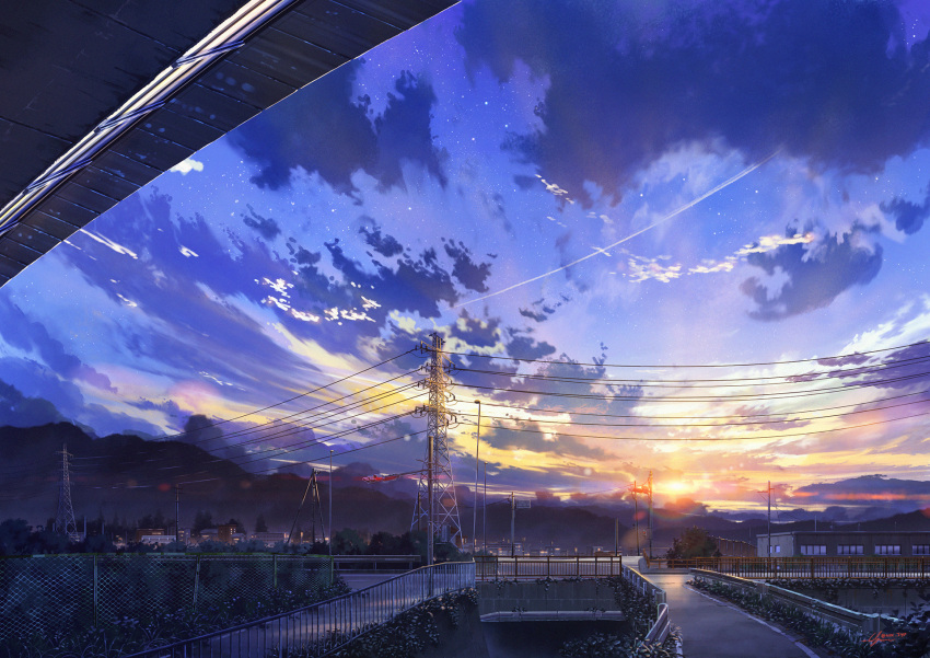 blue_sky building chain-link_fence clouds cloudy_sky condensation_trail dusk fence highres japan niko_p no_humans original outdoors plant power_lines railing road rural scenery signature sky star_(sky) starry_sky sunset telephone_pole