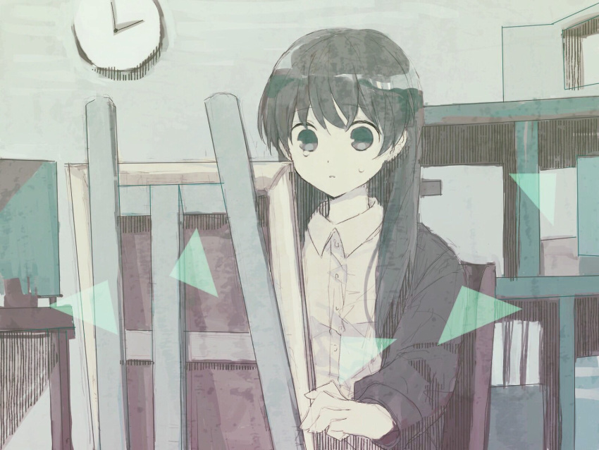 1girl bangs black_hair canvas_(object) checo8793 clock collared_shirt easel eyebrows_visible_through_hair highres limited_palette long_hair long_sleeves original parted_lips shelf shirt solo triangle upper_body white_shirt