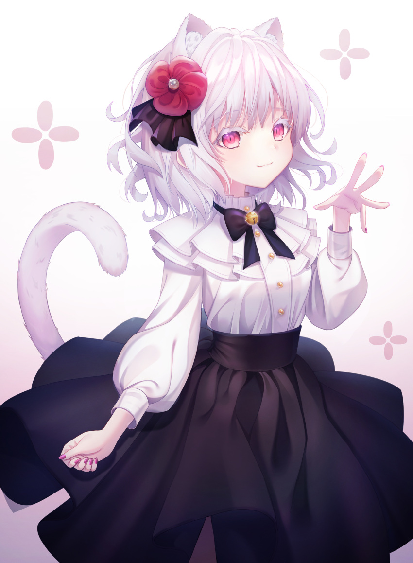 1girl :3 absurdres animal_ear_fluff animal_ears bell black_neckwear black_skirt bow bowtie buttons cat_ears cat_girl cat_tail extra_ears gradient gradient_background hair_ornament hand_up highres jingle_bell kyubi long_skirt long_sleeves looking_at_viewer original puffy_sleeves purple_nails red_eyes shirt shirt_tucked_in short_hair sidelocks skirt slit_pupils smile solo standing tail white_hair white_shirt