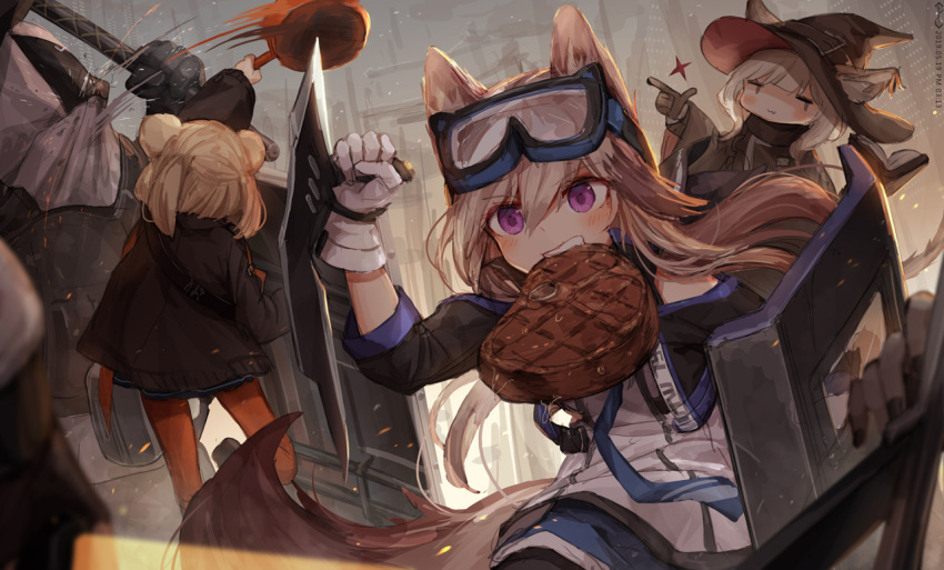 3girls :3 animal_ears arknights bangs bear_ears black_gloves black_headwear black_jacket black_legwear blue_shorts blue_skirt brown_hair building cardigan_(arknights) closed_mouth dated dog_ears dog_girl dog_tail eyebrows_visible_through_hair food food_in_mouth frying_pan gloves gummy_(arknights) hair_between_eyes hat haze_(arknights) holding holding_frying_pan jacket jakoujika legwear_under_shorts light_brown_hair long_hair long_sleeves mouth_hold multiple_girls open_clothes open_jacket orange_legwear outdoors pantyhose pleated_skirt riot_shield shirt short_shorts shorts skirt sparkle steak tail violet_eyes white_gloves white_shirt wide_sleeves witch_hat