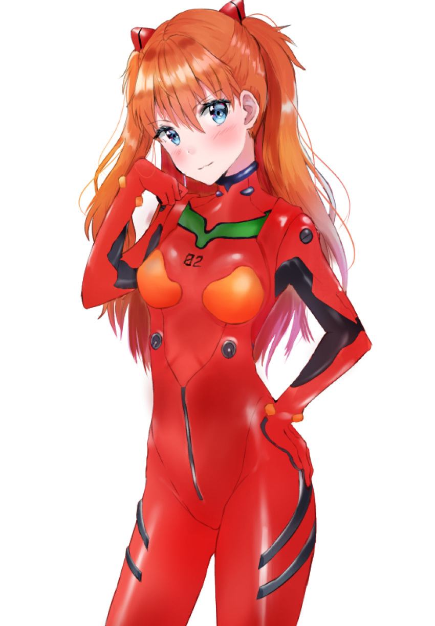 1girl :3 bangs blue_eyes blush bodysuit breasts brown_hair closed_mouth commentary_request cowboy_shot eyebrows_visible_through_hair hair_between_eyes hand_on_hip hand_up highres kubong long_hair looking_at_viewer neon_genesis_evangelion pilot_suit plugsuit red_bodysuit simple_background small_breasts solo souryuu_asuka_langley standing two_side_up white_background