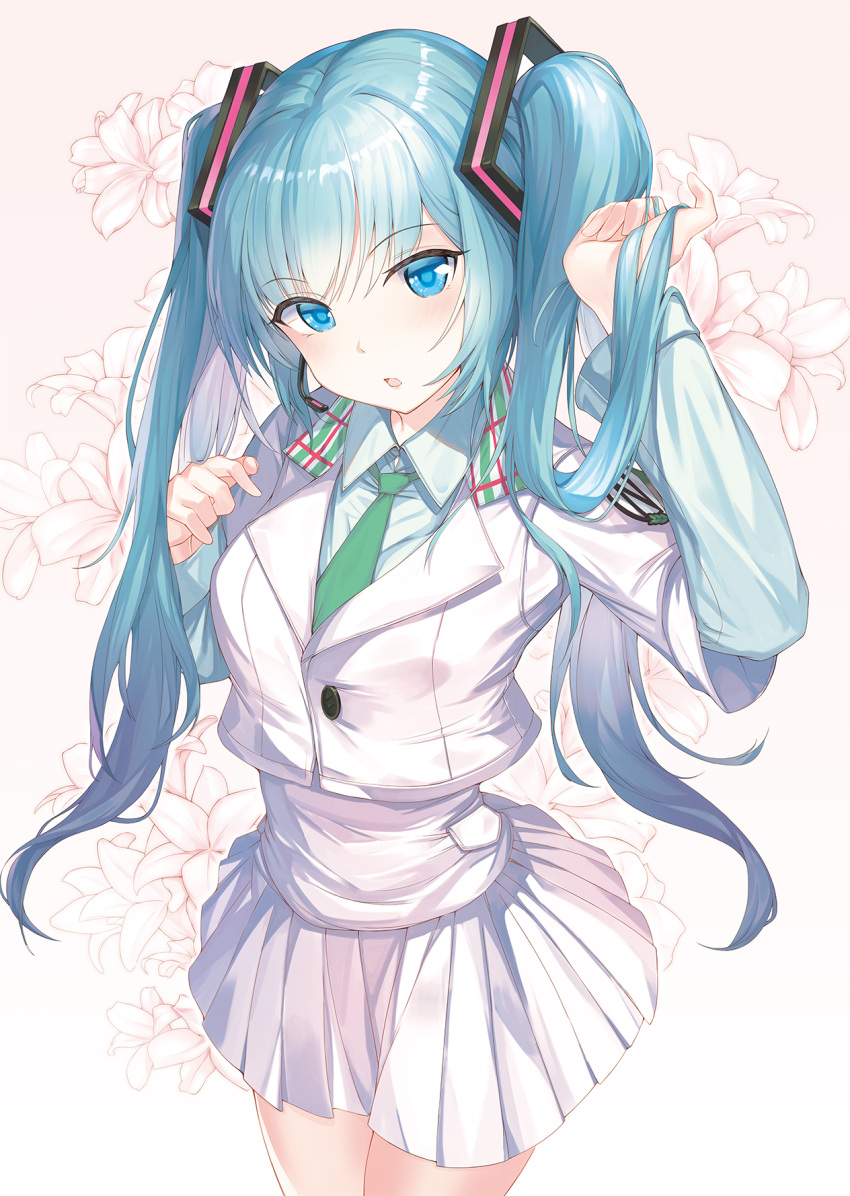1girl bangs blue_eyes blue_hair blush breasts brown_background btraphen collared_shirt commentary_request cowboy_shot cropped_jacket eyebrows_visible_through_hair floral_background flower green_neckwear green_shirt hair_between_eyes hand_in_hair hand_up hatsune_miku head_tilt headset highres jacket long_sleeves necktie parted_lips pleated_skirt shirt short_over_long_sleeves short_sleeves skirt small_breasts solo twintails vocaloid white_flower white_jacket white_skirt