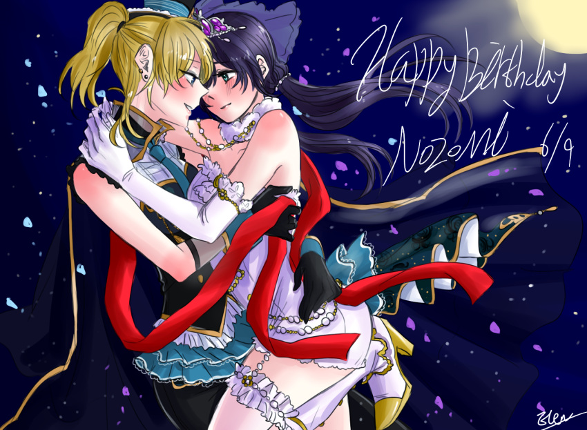 2girls arm_around_shoulder arm_around_waist ayase_eli bare_shoulders blonde_hair blue_eyes blush crossdressinging dated e_len elbow_gloves full_moon gloves happy_birthday high_heels high_ponytail leg_up long_hair looking_at_another love_live! love_live!_school_idol_project low_twintails moon multiple_girls necktie ponytail purple_hair signature smile tiara toujou_nozomi twintails wedding yuri