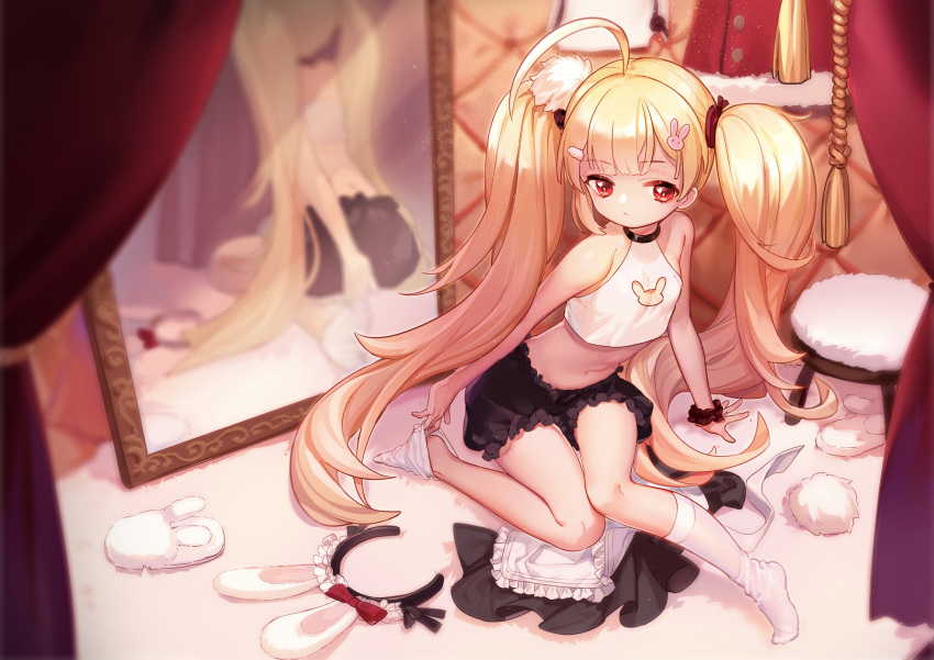 1girl absurdres ahoge animal_ears apron azur_lane bangs bare_arms bare_shoulders black_bloomers black_hairband black_scrunchie black_skirt blonde_hair bloomers bunny_cutout bunny_hair_ornament closed_mouth commentary_request curtains eldridge_(azur_lane) eyebrows_visible_through_hair fake_animal_ears frilled_apron frills full_body hair_ornament hairband hairband_removed hairclip highres kneehighs kneehighs_pull kotoba_(610430468) long_hair mirror no_shoes on_floor rabbit_ears red_eyes reflection scrunchie shirt skirt skirt_removed sleeveless sleeveless_shirt solo stool twintails underwear undressing very_long_hair waist_apron white_apron white_legwear white_shirt wrist_scrunchie