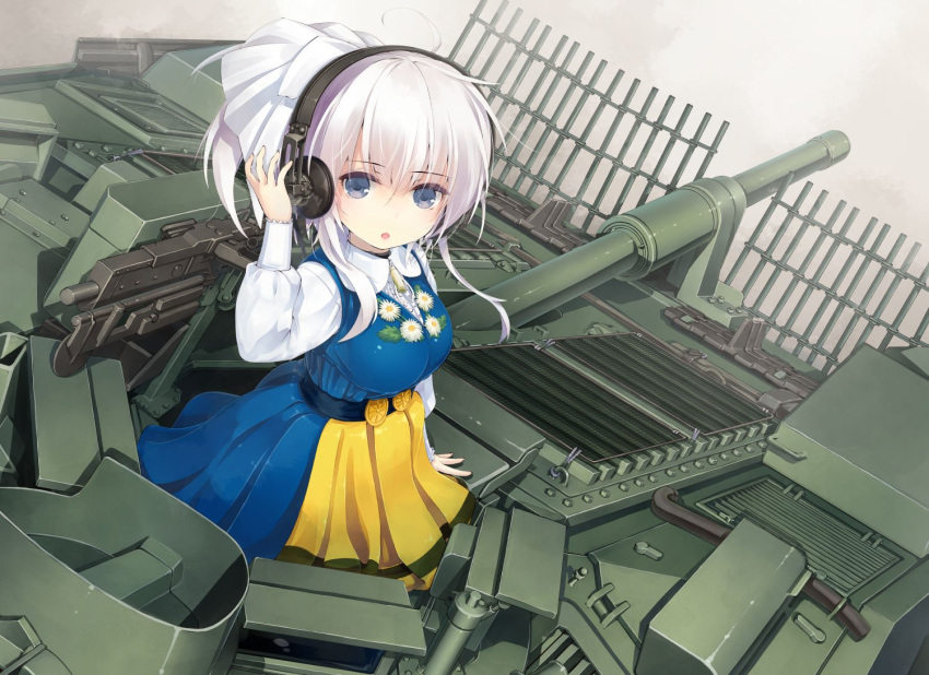 1girl :o ahoge arm_support bangs blue_dress blush breasts collared_shirt dress dress_shirt dutch_angle eyebrows_visible_through_hair grey_eyes hair_between_eyes hair_ribbon hand_up headphones long_hair long_sleeves medium_breasts military military_vehicle nanaroku_(fortress76) original parted_lips puffy_long_sleeves puffy_sleeves ribbon shirt sidelocks sleeveless sleeveless_dress solo vehicle_request white_hair white_ribbon white_shirt