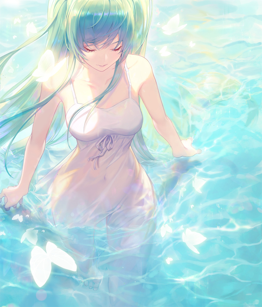 1girl closed_eyes covered_navel dress eyelashes green_hair hatsune_miku highres kimroy long_hair partially_submerged solo very_long_hair vocaloid wading water wet wet_clothes white_dress