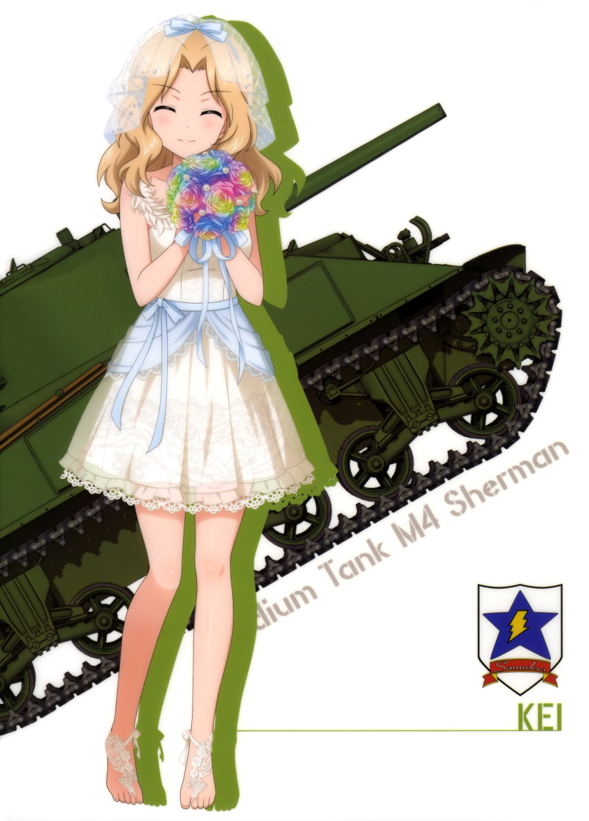 1girl absurdres barefoot blonde_hair blue_ribbon blush bouquet bridal_veil character_name closed_eyes collarbone dress flower full_body girls_und_panzer ground_vehicle hair_intakes hair_ribbon highres holding holding_bouquet kay_(girls_und_panzer) long_hair looking_at_viewer m4_sherman military military_vehicle motor_vehicle pleated_dress ribbon see-through shiny shiny_hair short_dress sleeveless sleeveless_dress smile solo tank veil white_background white_dress