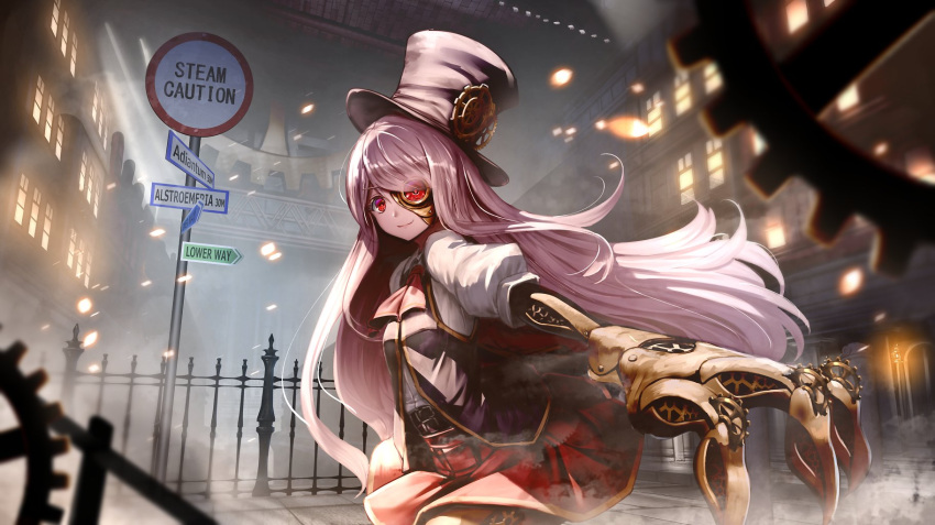 1girl ascot buckle building cowboy_shot embers eyes_visible_through_hair fence from_below gears hair_over_one_eye hat highres light_rays long_hair looking_at_viewer mecha_musume mechanical_arms mechanical_eye mechanical_hand outdoors red_eyes red_skirt road_sign ryosios sign silver_hair skirt smile smokestack solo steam steam_punk_street_(game) steampunk steampunk_girl_(ryosios) top_hat very_long_hair warning_sign window