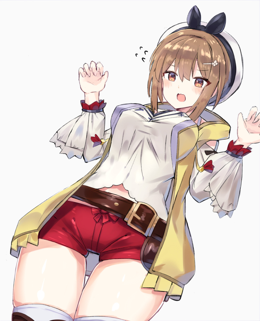 1girl :o atelier_(series) atelier_ryza belt beret blush breasts brown_eyes brown_hair cowboy_shot frown hair_ornament hairclip hands_up hat highres large_breasts long_sleeves midriff_peek open_mouth red_shorts reisalin_stout shirt short_hair short_shorts shorts sidelocks skindentation solo thigh-highs thigh_gap thighs vest white_headwear white_shirt xenonstriker yellow_vest