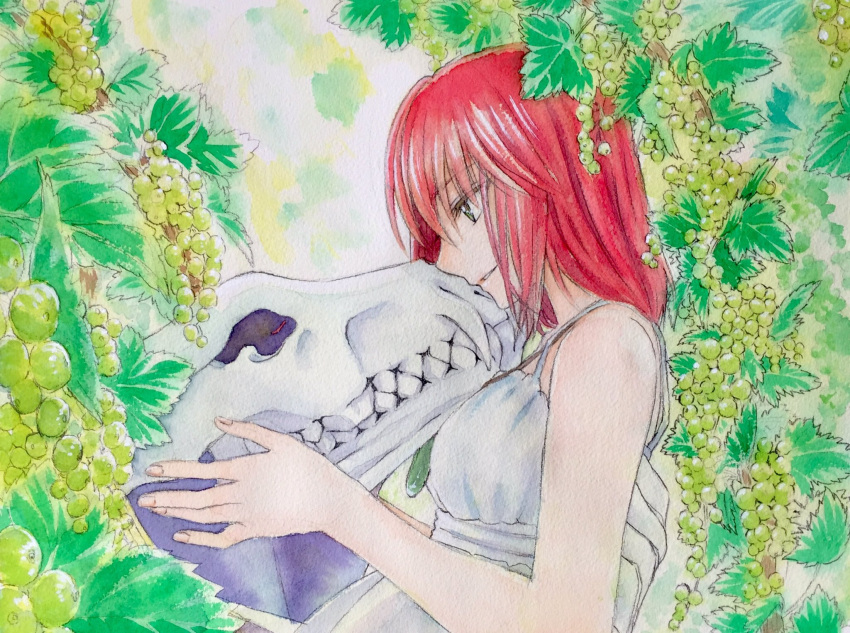 1girl animal_skull bare_shoulders breasts commentary_request day dress ellias_ainsworth food fruit gorouziro grapes green_eyes hatori_chise highres holding_skull mahou_tsukai_no_yome outdoors profile redhead short_hair sidelocks smile solo traditional_media upper_body watercolor_(medium) white_dress