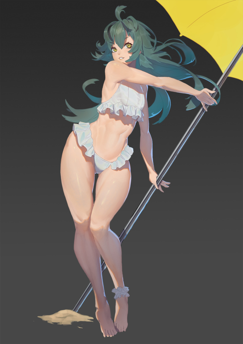 1girl aqua_hair barefoot bikini black_background breasts frilled_bikini frills full_body gradient gradient_background hair_between_eyes highres holding holding_umbrella long_hair navel original parted_lips ray_(nagaseray) small_breasts solo swimsuit umbrella very_long_hair white_bikini yellow_eyes yellow_umbrella