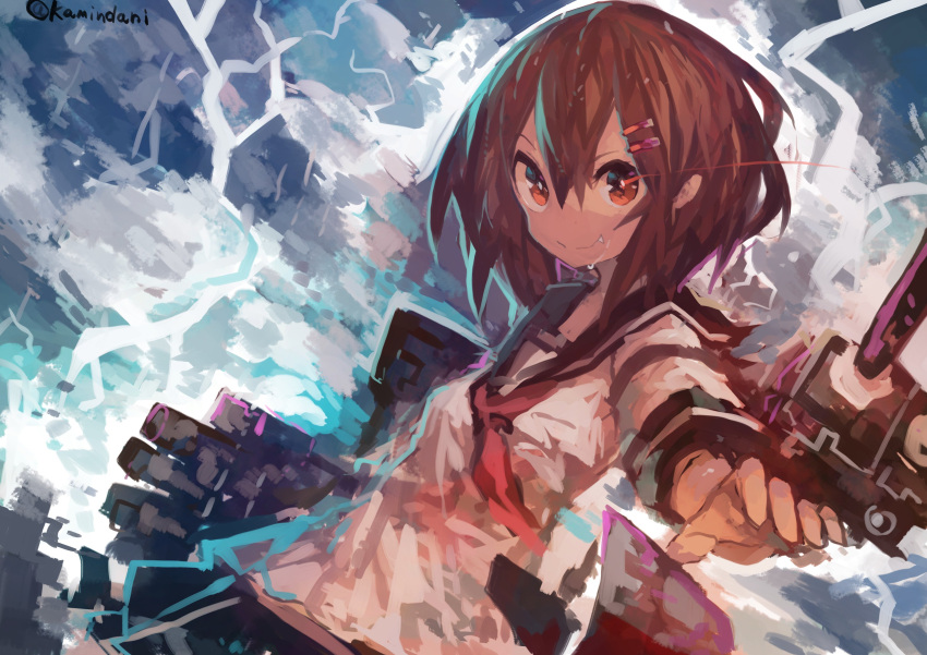 1girl absurdres bangs blue_skirt brown_hair cannon dutch_angle fang hair_between_eyes hair_ornament hairclip highres ikazuchi_(kantai_collection) kaamin_(mariarose753) kantai_collection looking_at_viewer machinery neckerchief outstretched_arm pleated_skirt school_uniform serafuku skirt sky smile solo torpedo_tubes twitter_username v-shaped_eyebrows